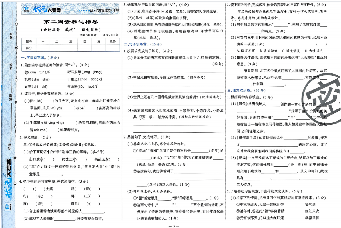 六年级下册语文练习试卷