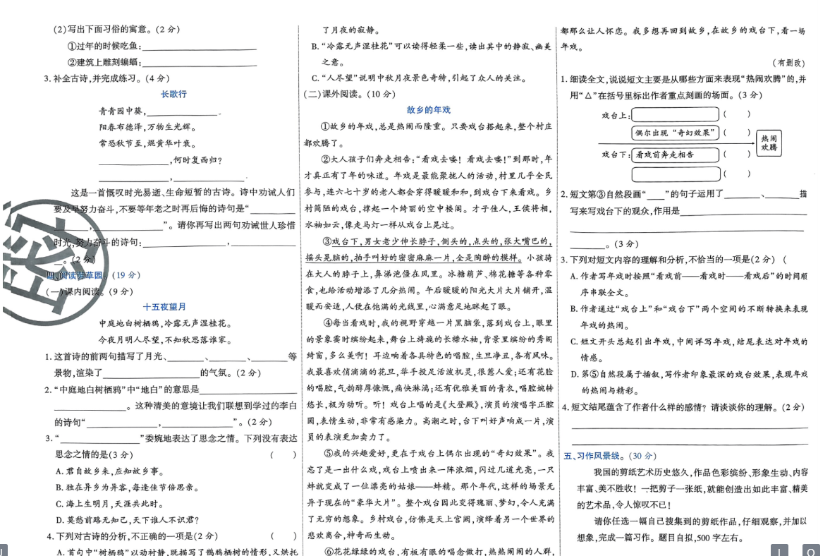 六年级下册语文练习试卷