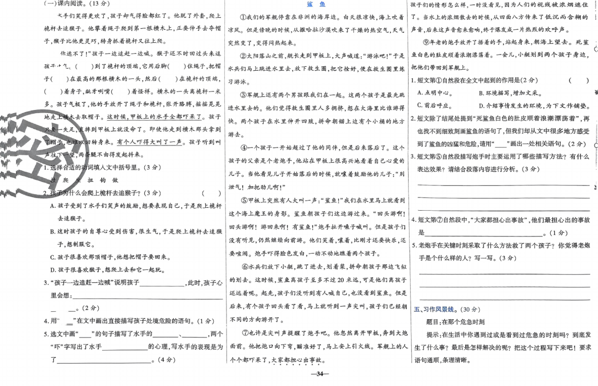 五年级下册语文练习试卷
