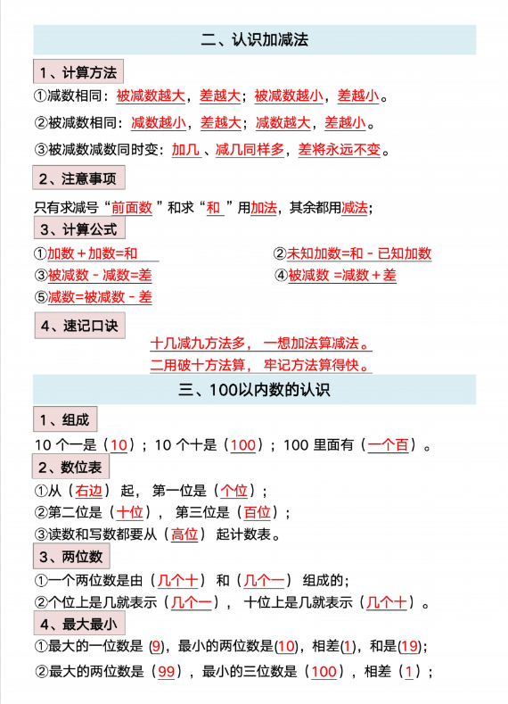 小学一年级下册数学必背知识点