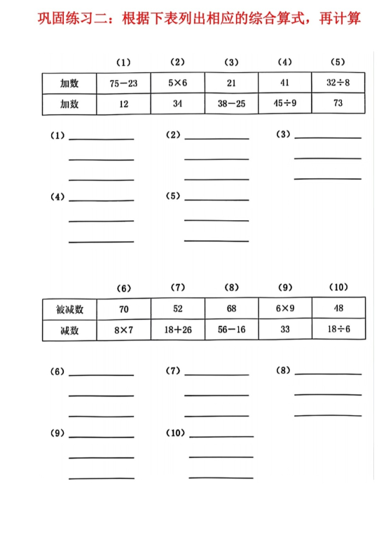 二年级数学分布计算变综合算式专项